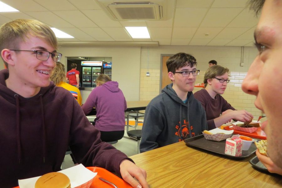 A few students (left to right; Max Dunnam, Jr., Matthew Walter, So., Cameron Smith, So., and Aaron Geissinger, Jr.) enjoy conversation at lunch. 