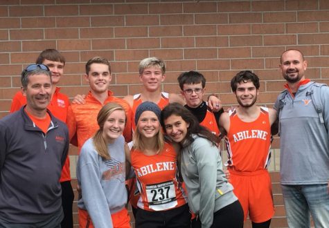 The seniors following their final race. From left to right, they are; BACK ROW: Austin Wuthnow, Damian Hartman, Braydon Surritte, Travis Luthi, Lucas Cook, and coach Tyler Bryson. FRONT ROW: Coach Andy Cook, Sydney Burton, Abby Barnes, and Megan Anguiano. (PHOTO: Kristi Cook)